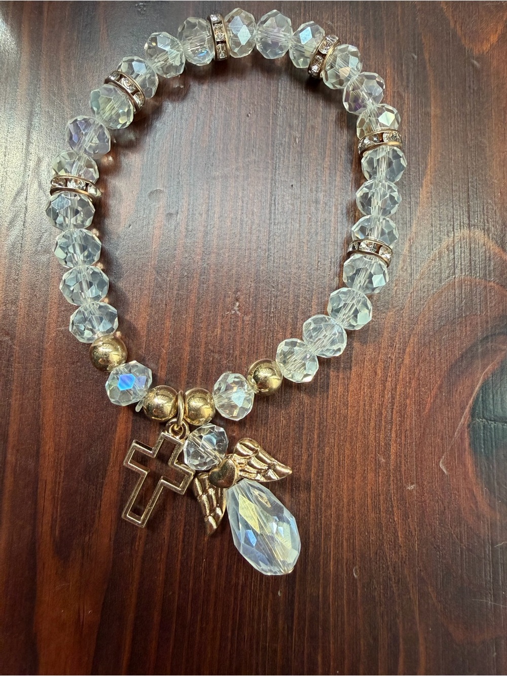 Crystal Bead Cross & Angel Charm Bracelet - Clear/Gold